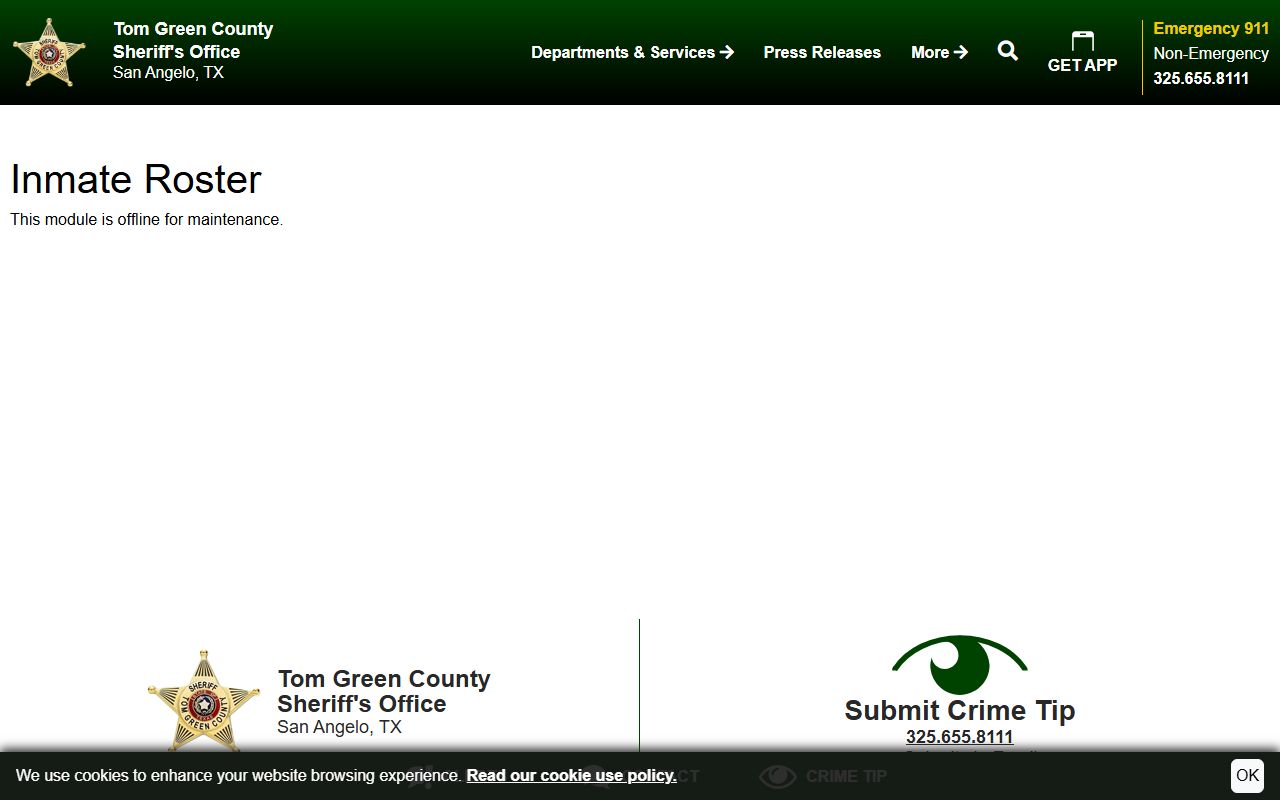 Irion County inmate records Tom Green roster landing page