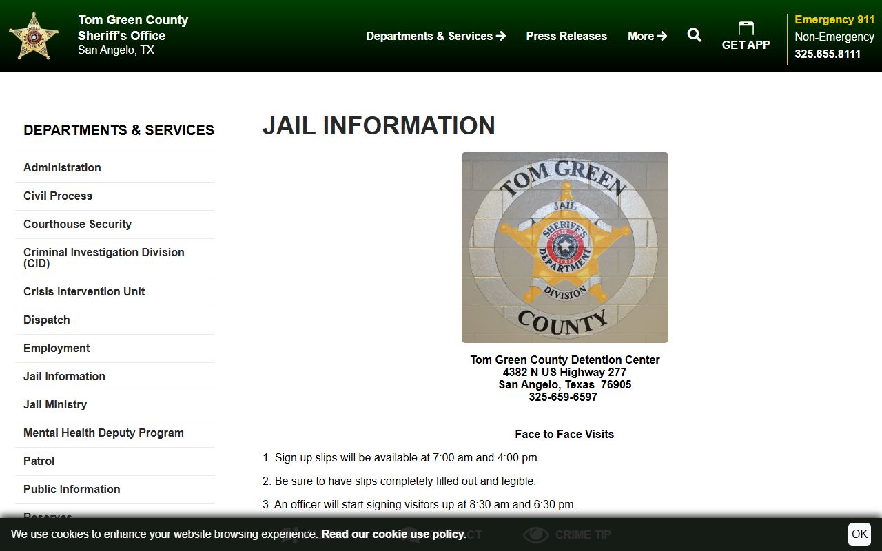 Tom Green County Detention Center jail information for Irion County inmate records