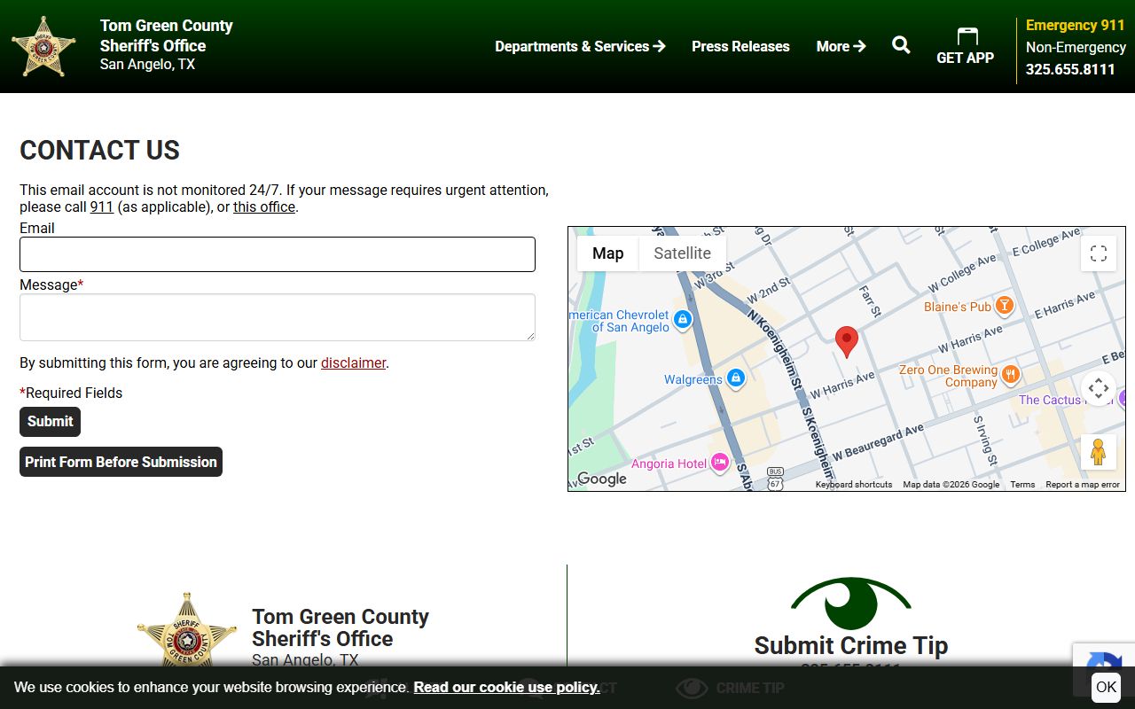 Tom Green County Detention Center contact details for Irion County inmate records